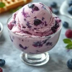 blueberry waffle ice cream in a glass bowl
