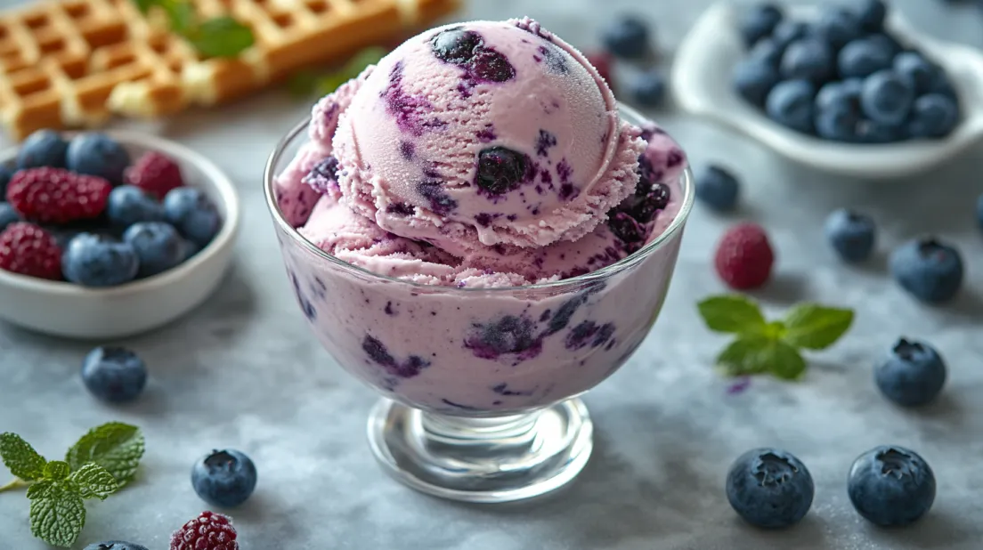 blueberry waffle ice cream in a glass bowl