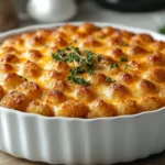 Cheesy ground beef tater tot casserole baked to perfection
