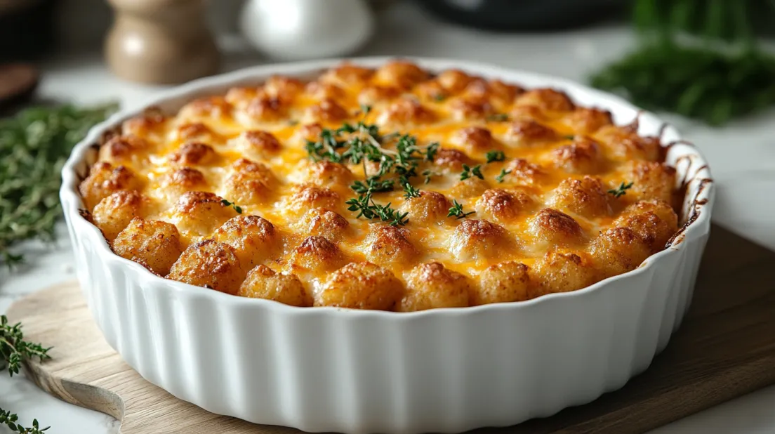 Cheesy ground beef tater tot casserole baked to perfection
