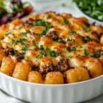 Final cheesy ground beef tater tot casserole with garnish