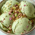 High protein pistachio ice cream in a bowl with crushed pistachios
