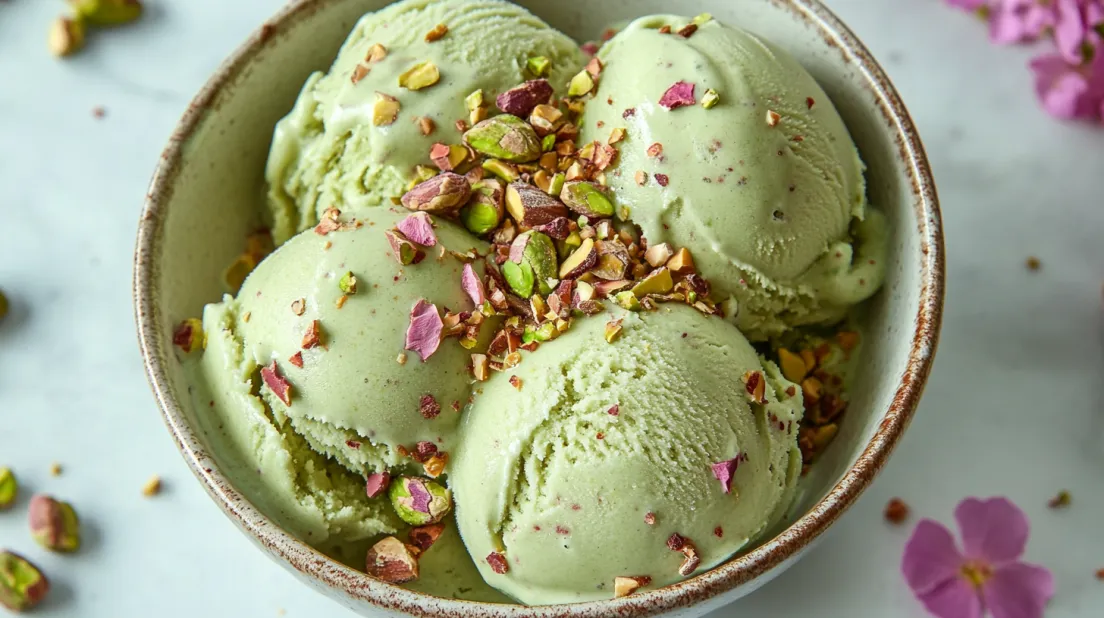 High protein pistachio ice cream in a bowl with crushed pistachios
