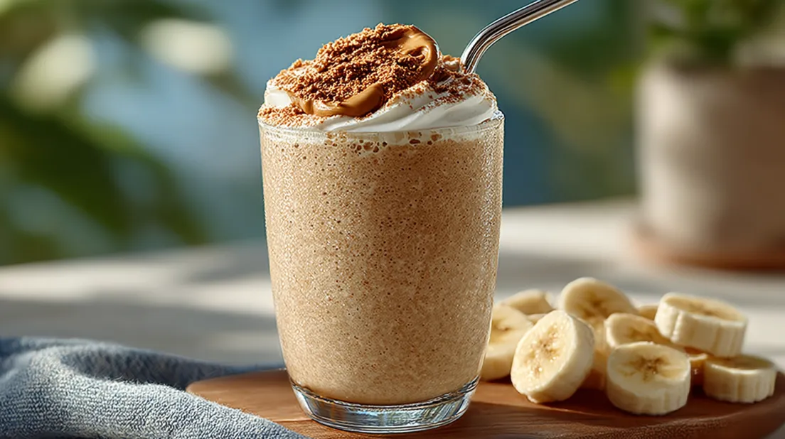 Protein smoothie peanut butter banana in tall glass