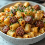 Finished dish of one pot sausage pasta