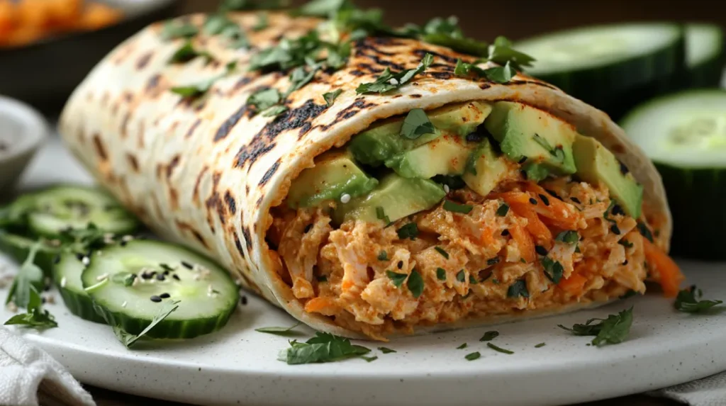 Spicy tuna wrap with visible avocado, shredded carrots, and creamy tuna