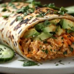 Spicy tuna wrap with visible avocado, shredded carrots, and creamy tuna