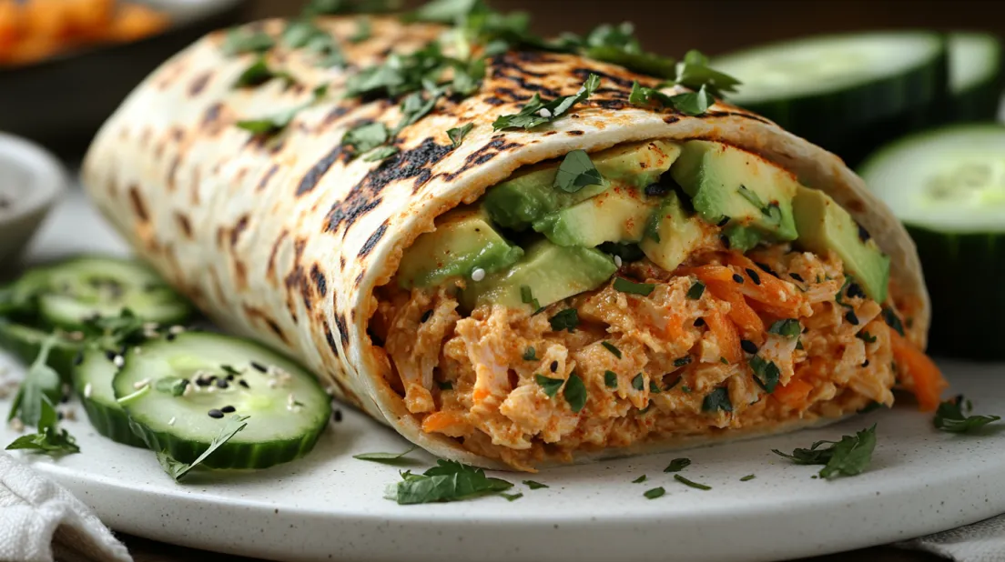 Spicy tuna wrap with visible avocado, shredded carrots, and creamy tuna