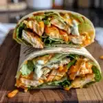 Grilled chicken wrap with lettuce, creamy ranch, and buffalo sauce on a wooden board.