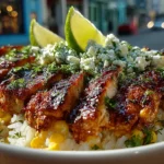 Street corn chicken rice bowl with grilled chicken and creamy corn