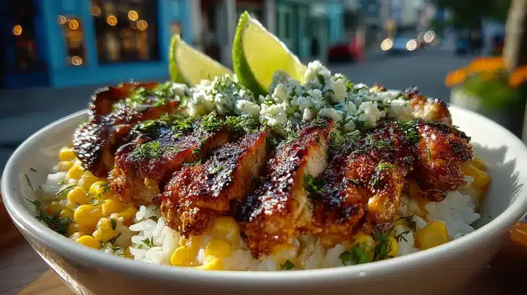 Street corn chicken rice bowl with grilled chicken and creamy corn