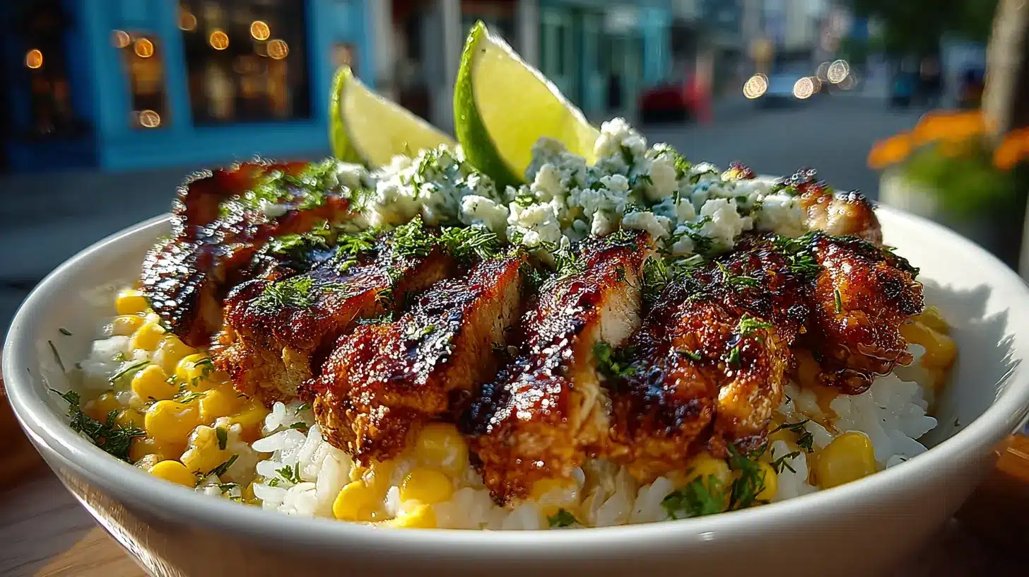 Street corn chicken rice bowl with grilled chicken and creamy corn