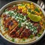 Single serving of street corn chicken rice bowl with grilled chicken and elote corn