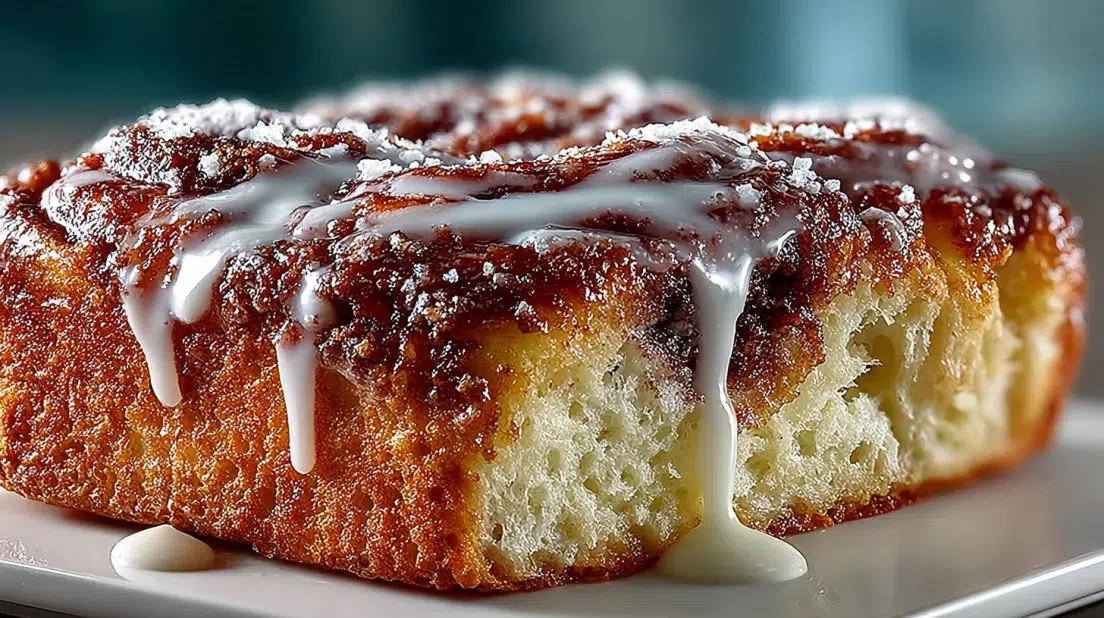 Sweet and sticky cinnamon roll focaccia with vanilla glaze