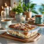 Sweet and sticky cinnamon roll focaccia sliced with vanilla glaze on top